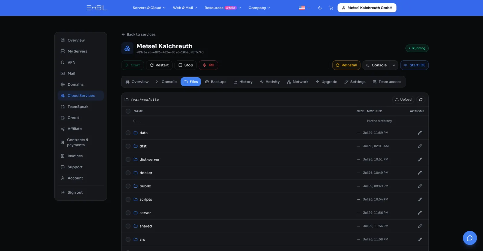 File manager in the Exbil panel