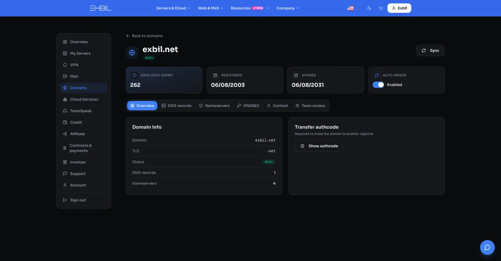 Domain overview in the Exbil panel