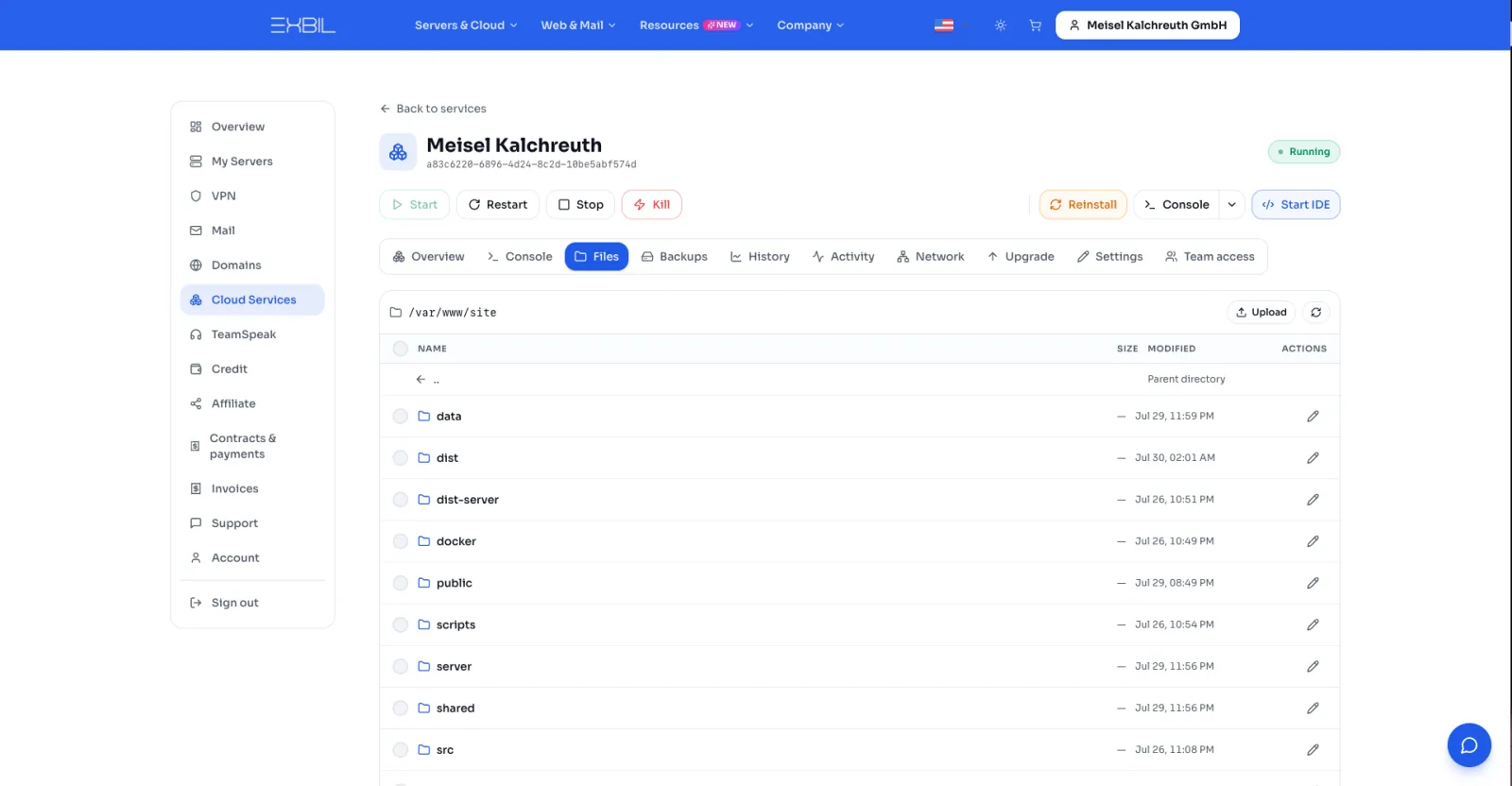 File manager in the Exbil panel