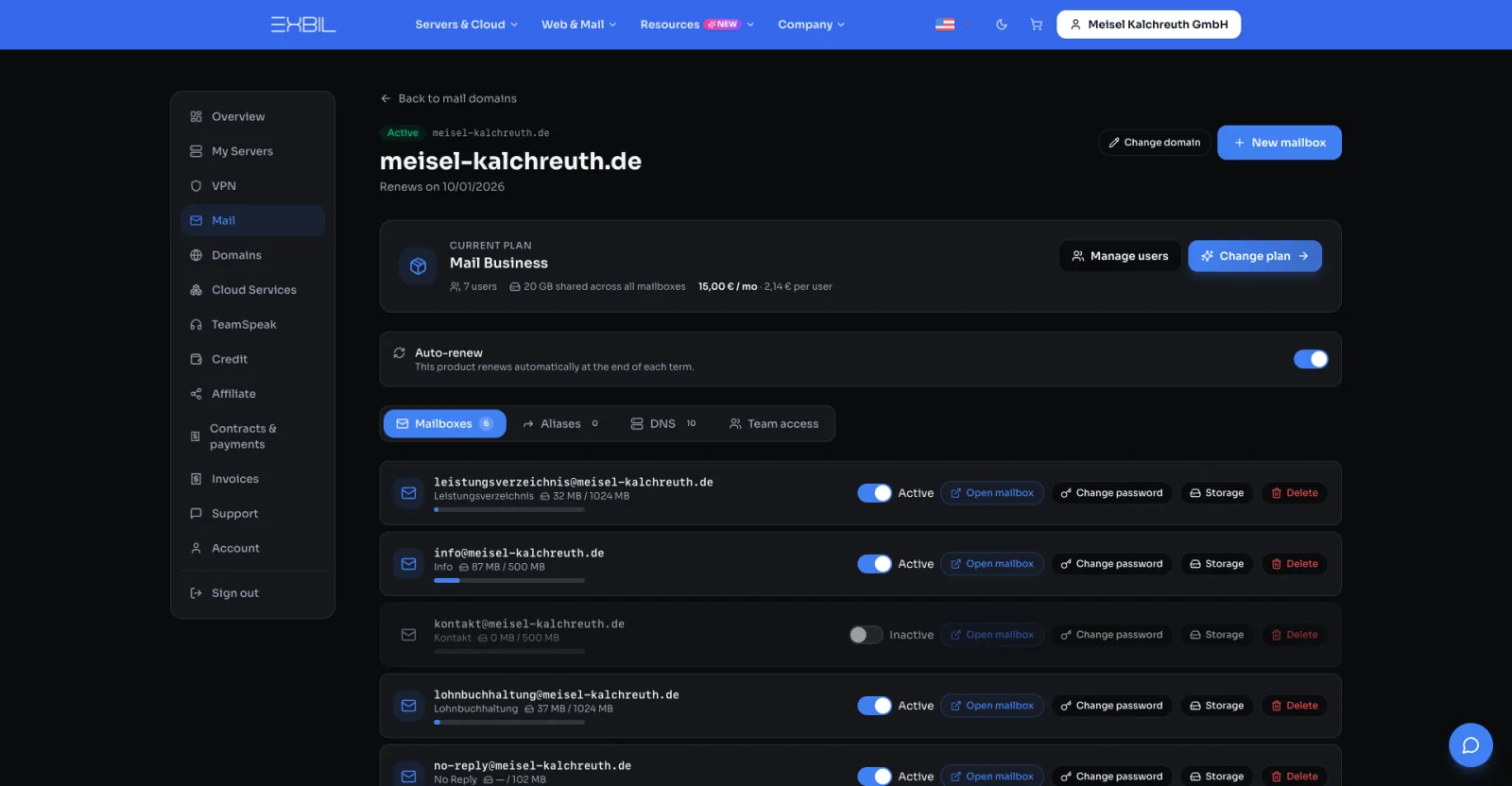 Mailbox management in the Exbil panel