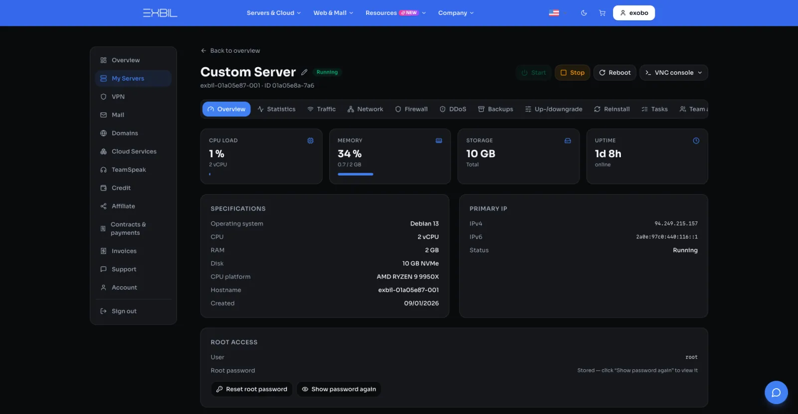 Root server overview in the Exbil panel