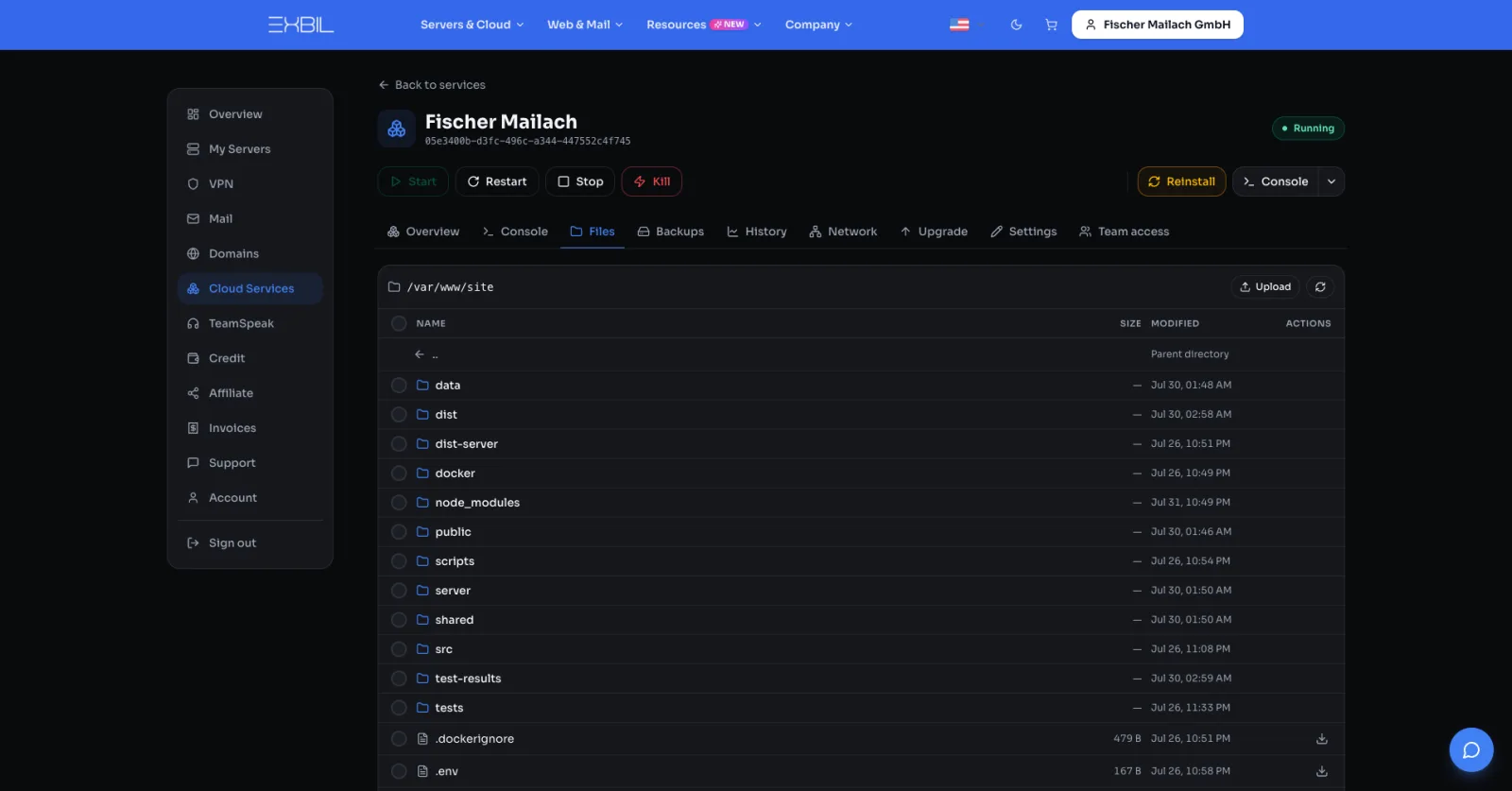 File manager in the Exbil panel