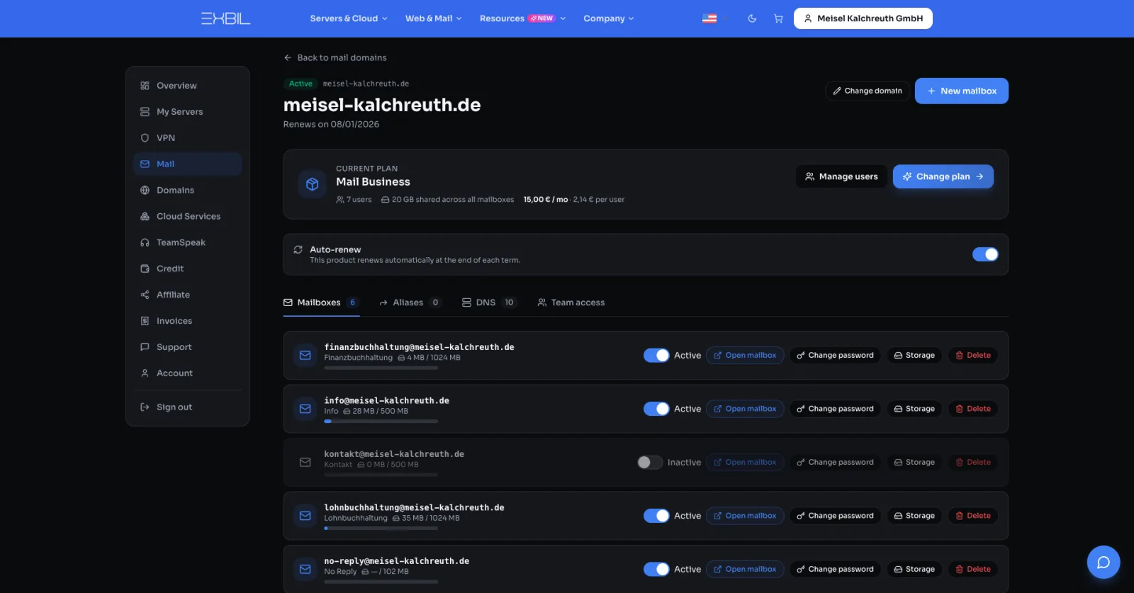 Mailbox management in the Exbil panel